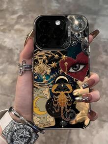 1 pieza Funda de teléfono a prueba de golpes con diseño de estrella, luna y ojo en negro mate IMD, personalizada compatible con iPhone 16 Pro Max, 15/14 Plus, 13, 12, 11 y series - Multicolor - Ver 4