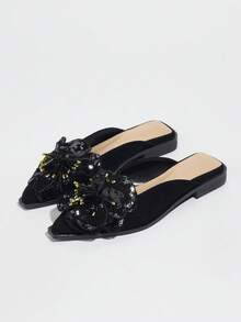 Women's Fashion Faux Flower Slip-On Shoes, Mules, Outdoor Closed Toe Slides, Suitable For All Seasons - Black - View 17