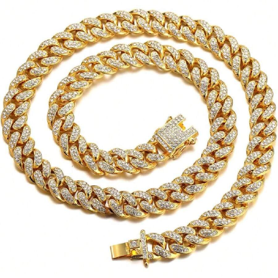 Halukakah - Men's 13mm Miami Style Gold Cuban Link Chain, 18K Plated/Platinum White Gold Finish, Full Set Of Diamond Cut Prongs, 38174487 - 酒紅色 - 查看 1