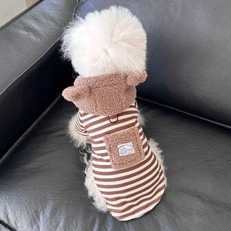 Liten hund- och katttröja med björnmotiv, randiga varma ytterkläder med koppelfäste för nallebjörn, pudel och katter, lämplig för höst/vinter