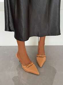 Giày sandal cao gót mũi nhọn có nơ thời trang dành cho nữ, sandal hở gót mũi kín thoải mái và đa năng. - khỏa thân - Xem 4