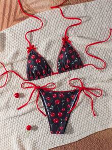 Bộ bikini gợi cảm buộc dây cổ, trang trí nơ, in hình quả anh đào, dành cho nữ, thích hợp mặc đi biển mùa hè. - Nhiều màu - Xem 2