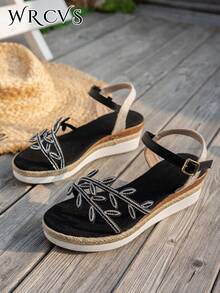 WRCVS Platform Wedge Sandals, Round Toe Fashion Slip-On Shoes, Polyurethane Sole, Lightweight Commuter Shoes, Leaf Decor Tassel, Rhinestone Decor, Sexy Party Shoes, Elevated - Black - View 3