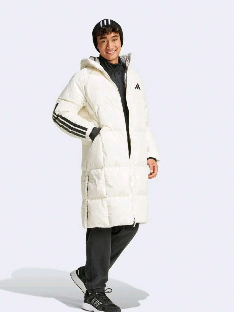 adidas 3-Stripes 運動生活系列 保暖長版連帽羽絨外套 男款 漢玉白 - 漢白玉 - 查看 1