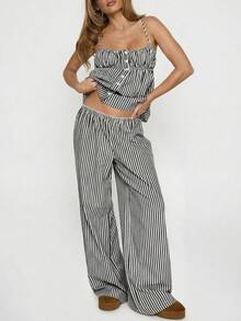 2 st/set linne med sexig topp, randig blus och vida byxor, avslappnad outfit för hemmet, examen, collegestil, vår/sommar - Svarta och vita ränder - Visa 2