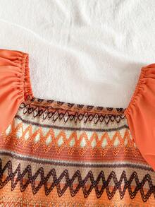 Young Girls' Bohemian Style Puff Sleeve Patchwork Dress - Orange - View 5