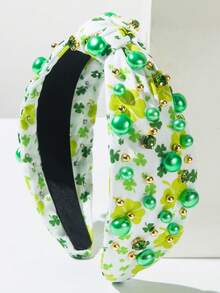 1 Peça Faixa de Cabelo com Estampa de Trevo Elemento Irlandês de Tecido Floral Verde com Decoração de Pérola Falsa, Acessório Versátil para o Dia de São Patrício e Uso Diário, Tiara de Cabelo - Amarelo verde - Visão 2