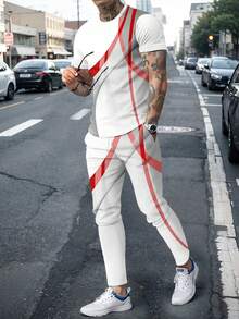 Men's Fashionable Versatile Striped Print Crew Neck Short Sleeve T-Shirt And Pants Set - Multicolor - View 1