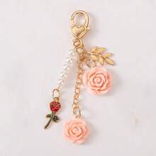 1pc Women'S Charm Beaded Rose Flower Keychain, Japanese Style, Resin Camellia, Alloy Round Buckle, Car Keychain, Bag Decoration, Valentine'S Day, Mother'S Day, Birthday For Friends Valentines Car Accessories Bag Charm School Cute Goth Y2k Christmas Gift Ideas - 粉色 - 查看 13