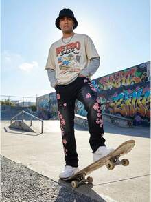 Jeans anchos de pierna ancha con lavado y bordado de flor de ciruelo, estilo grunge - Negro - Ver 6