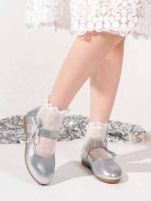 Simple Shiny Elegant Thin Bow Tie Girls' Silver Comfortable Dance Shoes, Suitable For Daily, School, Party, Wedding, Outdoor Gathering, Children's Casual Slip-On Round Toe Patent Leather Flat Shoes - Silver - View 5