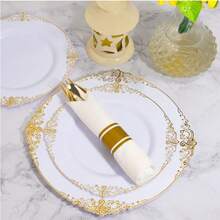 50/25/12pcs Gold Plastic Dinnerware Set, 10.25" Dinner Plates/7.5" Dessert Plates, White Base With Gold Embossed Dragon Pattern Plates, Reusable Party Plates, Fruit/Cake Trays, Chargers, Space-Saving Stackable, Ideal For Weddings, Parties, Birthday Gatherings, Outdoor Garden Parties, Christmas, Thanksgiving Dinners - Gold - View 5