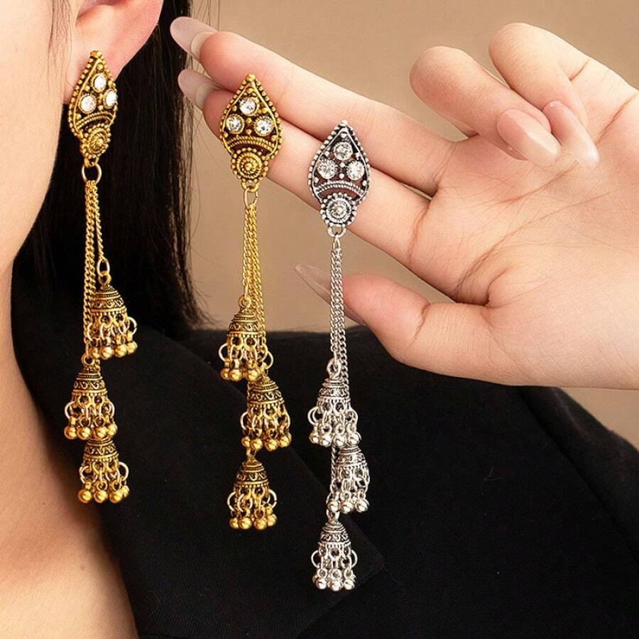 1PC Bohemian Bell Diamond-Studded Earrings Fashion Retro Elegant Earrings Jewelry - H4183 古銀 - 查看 1