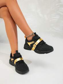 Women's Casual Sports Shoes, Black & Gold Buckle, Soft Material, Soft Sole, Thick Platform Shoes - Black Gold - View 11