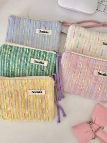 1个可爱条纹帆布拉链化妆包，时尚条纹化妆袋，化妆包，桌面收纳包，圣诞礼物，手拿包/手提包，化妆品收纳袋，创意女士礼物 - 彩色 - 查看 3