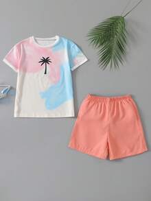 2 件男童扎染棕榈树印花短袖 T 恤和纯色短裤套装，夏季时尚休闲运动套装 - 珊瑚粉 - 查看 7