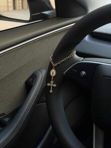 1个可调节15厘米方向盘装饰挂件，简约可爱念珠吊坠汽车配件，独特时尚汽车挂饰 - 白色橢圓盤+十字G款 - 查看 8