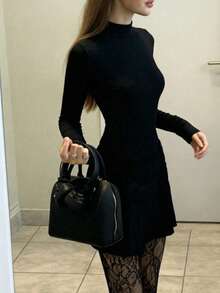 优雅休闲修身保暖高领长袖针织连衣裙，冬季连衣裙 - 黑色 - 查看 3