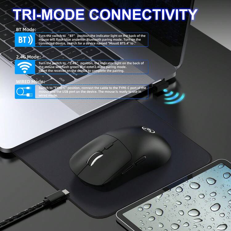 3-Mode Bluetooth Gaming Mouse, Rechargeable 2.4G USB Wireless RGB Backlit Mouse, Compatible With IPad, Tablet, Laptop, Christmas Gift/New Year Gift/Christmas Decor/Christmas Gift/Family Gift/Year-End Gift - Black T30 - View 5