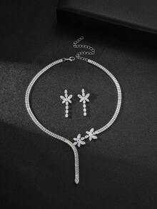 女士奢华时尚水钻首饰套装，银色蝴蝶项链耳环三件套，优雅高贵，适合婚礼、派对、节日、晚宴礼服搭配。