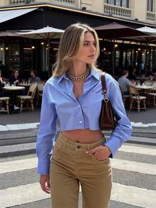 Áo croptop kẻ sọc thanh lịch dành cho nữ, tay dài, thiết kế chéo lưng, phù hợp cho công sở, kinh doanh, thường ngày, mọi mùa, có thể giặt máy, thích hợp mặc vào mùa xuân. - Màu xanh lam - Xem 6