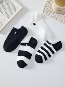 4 Pairs Women's White & Black Striped Minimalist Ankle Socks, Casual Short Socks, Suitable For All Seasons - Black and White - View 5