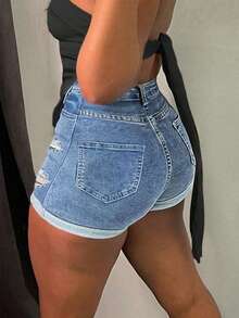 女士中腰卷边弹力紧身牛仔短裤，浅蓝色水洗做旧毛边性感短裤 - 淺色水洗藍 - 查看 2