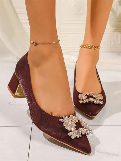 Women's Elegant Pointed Toe Slip-On Soft Bottom Anti-Slip Rhinestone Decor Red Soft Bottom Anti-Slip Chunky Heel Pumps