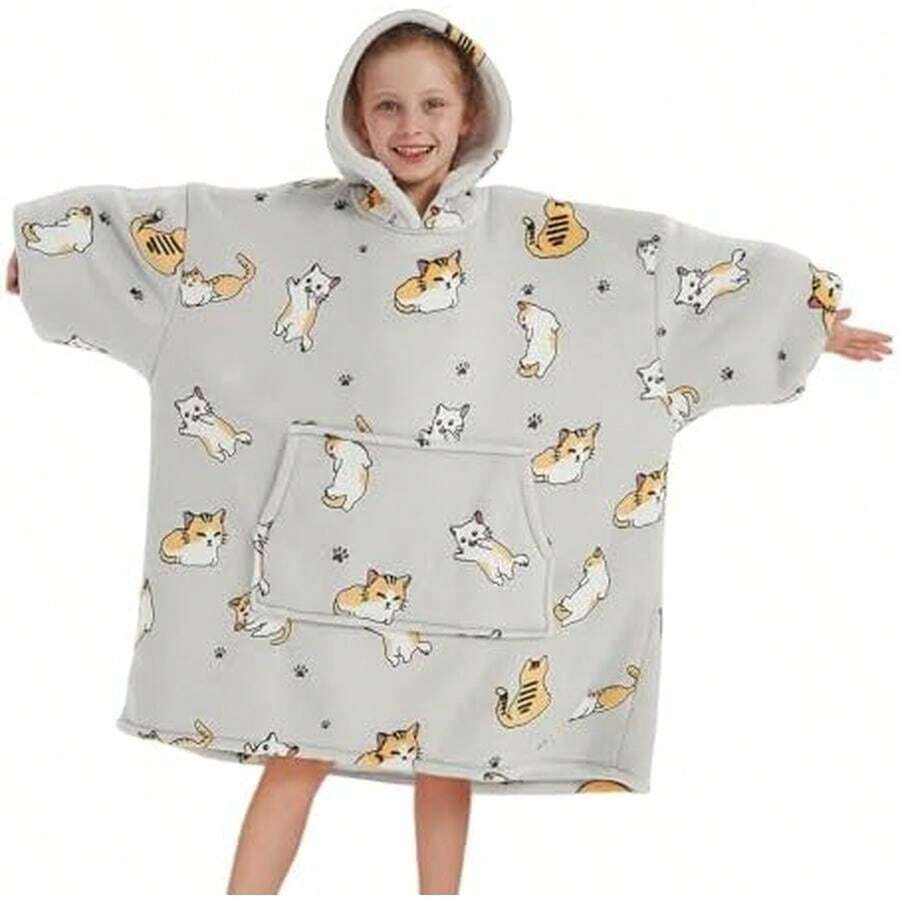 Yostyle Sudadera Cobija para Niño y Niña,Manta con Capucha Portatil para Frio e Invierno Talla Grande,Cobija con Gigante Bolsillo Franela Gruesa y Cómoda,Multifuncional,Regalo de Invierno - Beige-Gato - Ver 1