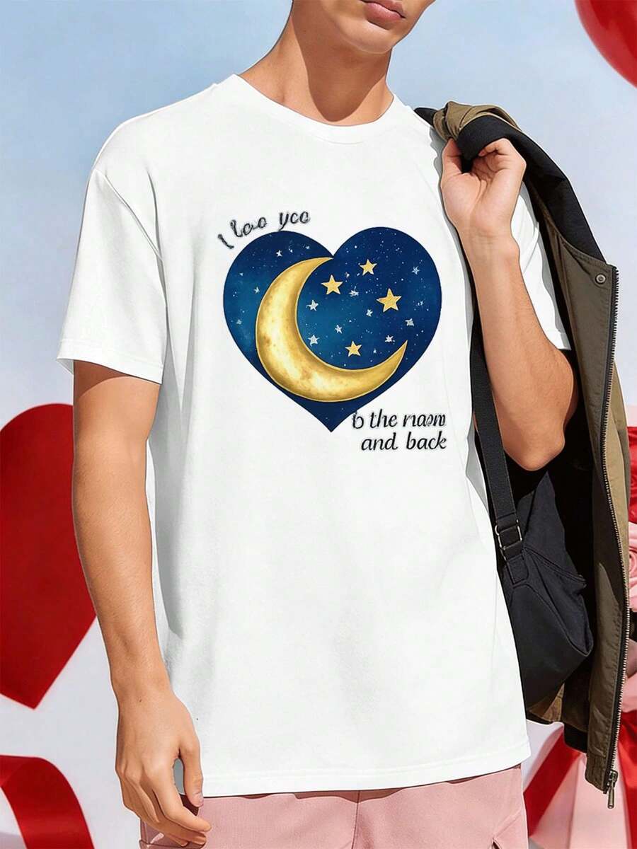 T-shirt à imprimé cœur lune et étoile, coton premium, col rond, coupe confortable, imprimé original - Blanc - Voir 1