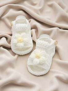 1 Pair Infant Sandals, White Crochet Knit, Flower Decoration, Slip-On Style With Soft Sole
