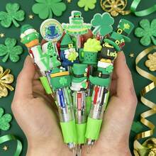 6支/24支装圣帕特里克节0.5毫米圆珠笔，4色创意三叶草装饰多色圆珠笔，节日礼物/办公用品/派对礼品/课堂奖励 - 生派翠克透明款小四色隨機發 - 查看 9