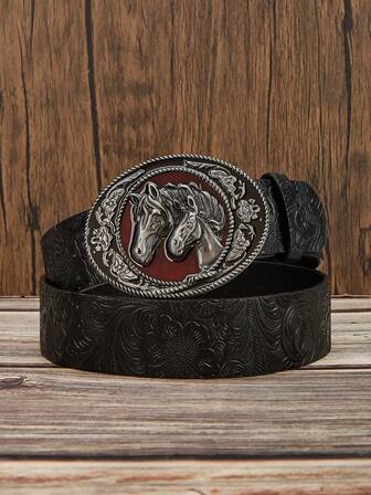 1pc Vintage Western Y2K Double Horse Metal Buckle Black Embossed Floral Pattern Men's Casual Belt, Suitable For Daily Wear, Sports, Travel, All Seasons, Streetwear, Parties, Halloween, Autumn/Winter Accessories, Suitable For Teenagers, Young Men, Casual Wear, Outdoor Activities, Sportswear, Vacation Wear, Graduation Gift, Birthday Gift