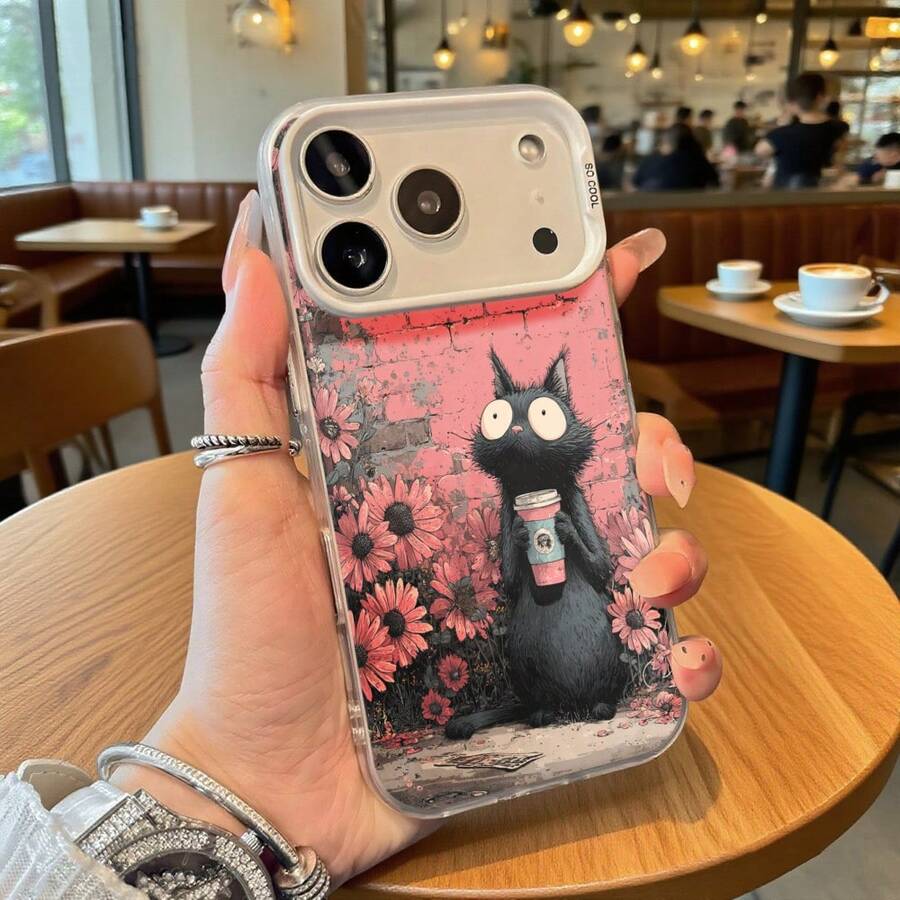 Funda de Teléfono Color Rosa Gato Negro con Estampado de Flores y Taza de Café para iPhone 14 13 12 11 Pro Max y Galaxy S23 S22 S21 S20 Opción de Regalo Ideal para Todas las Estaciones - Plateado - Ver 1