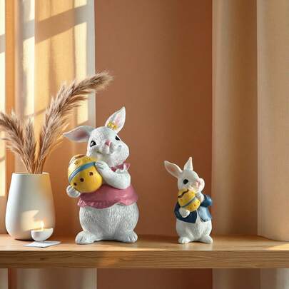 2pcs Cute Rabbit Desktop Statue Decor, Easter Atmosphere Decoration, Birthday Gift For Family And Friends, Living Room, Study, Entrance Resin Crafts