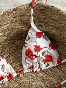 Women's Cute Bohemian Style Backless Tie Bikini Set, Paired With Thong And Red Floral Print High Stretch Fabric, Perfect For Beach Vacation, Pool Party And Summer Outing. Women's Swimsuit, Swimwear, Must-Have Item For Holiday - Multicolor - View 5