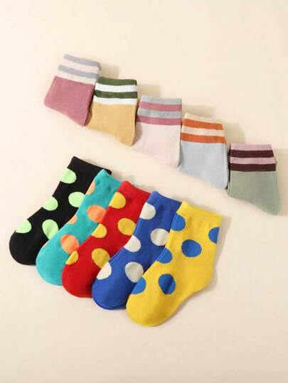 10 Pairs Kids Polka Dot & Striped Short Socks, Versatile Simple Design, All Season