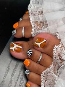 24片短方形豹纹法式压花美甲贴纸，饰以斑马纹、光环圆圈和橙色腮红设计，印象派风格，完美贴合，包含1片果冻胶和1个指甲锉，适合女性和女孩日常佩戴以及各种派对场合。 - 彩色 - 查看 7