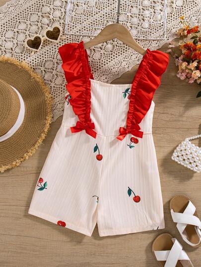 Girls' Casual Fruit Print Patchwork Decor Bow Tie Collar Romper, Spring/Summer