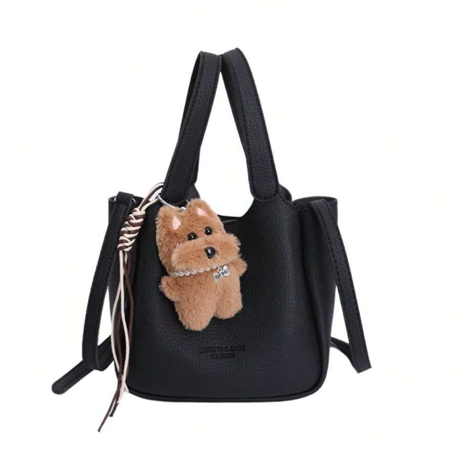 Bolso de hombro pequeño para mujer estilo retro en cuero encerado con diseño de cubo y correa cruzada elegante y moderna - Negro con colgante - Ver 1