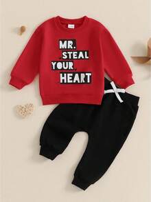Toddler Baby Boy Valentines Outfit Long Sleeve Steal Your Heart Shirt With Pants 2Pcs Kids Baby Boy Red Outfits - 紅色 - 查看 1