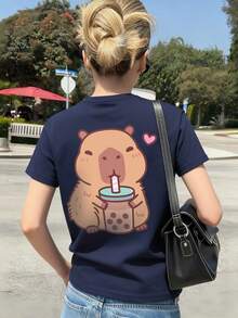 Girls & Teens' Casual Printed Dark Grey Crew Neck Short Sleeve T-Shirt, Summer Top - Navy Blue - View 8