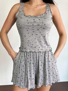 Ensemble de pyjama sans manches à fleurs ditsy avec poches, tenue d'intérieur décontractée et douce pour le printemps, l'été et l'automne - Gris - Voir 5