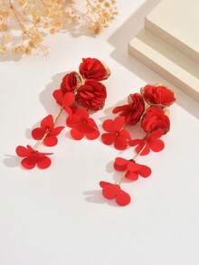 1对夏季度假风夸张花朵流苏耳环，波西米亚海滩海洋度假风优雅雪纺花朵多层耳环，适合女性日常、派对、度假佩戴（手工制作，可能存在轻微胶水痕迹） - 紅色 - 查看 4