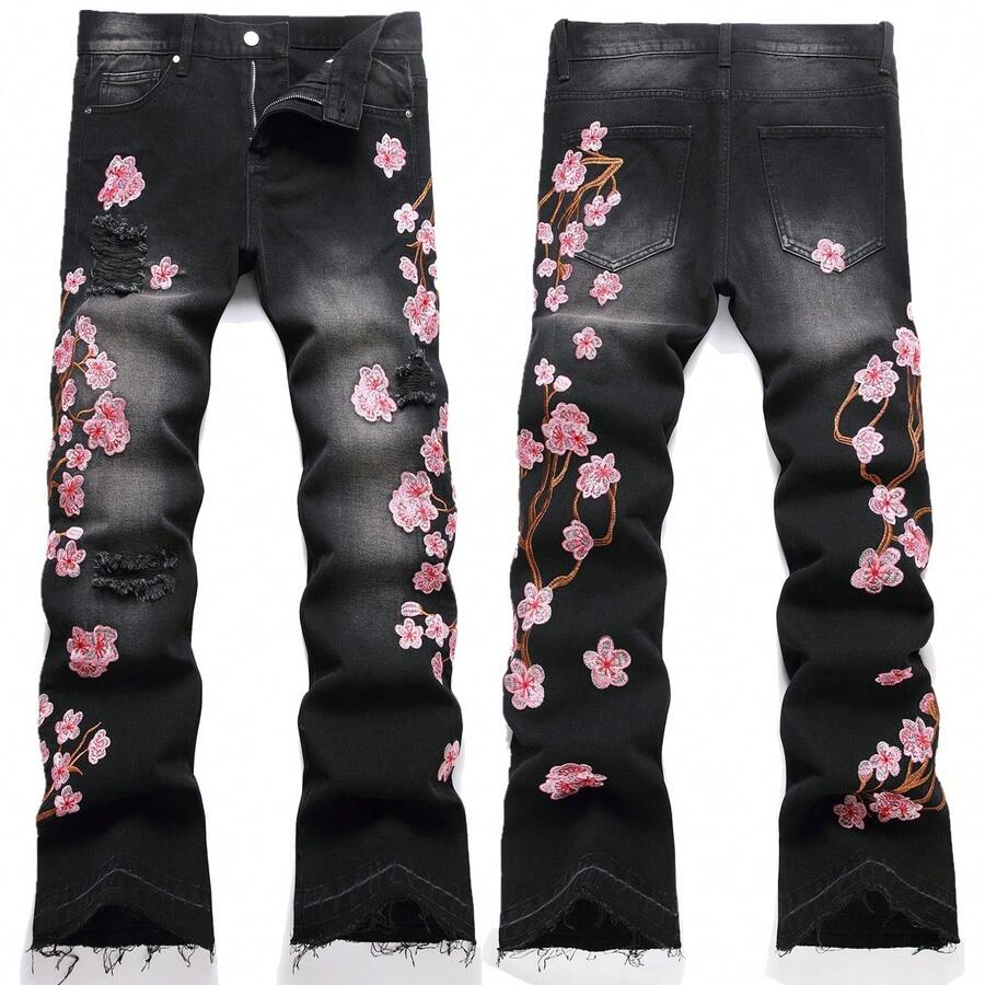 Jeans anchos de pierna ancha con lavado y bordado de flor de ciruelo, estilo grunge - Negro - Ver 1