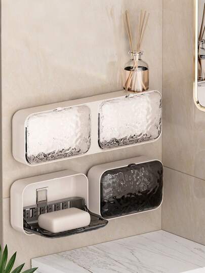 1pc Dual Layer Plastic Soap Dish, Glacier Pattern Design Wall Mounted Bathroom Storage Box, Suitable For Soap, Body Wash And Other Bathroom Items