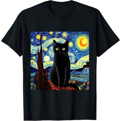 Art Funny Black Cat Painting Artist Van Gogh Starry Night T-Shirt Suitable for year-round wear, 220g pure cotton single-sided printed crew neck short-sleeve T-shirt, women's fun printed top