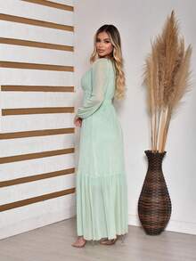 Women's Long Tulle Dress With Long Sleeves For Wedding Party - Mint Green - View 3