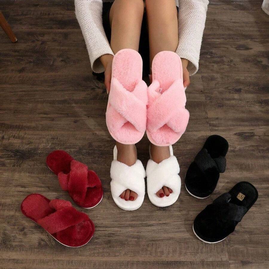Women's Plush Cross-Strap Slippers, Open-Toe Slippers, Warm Cotton Slippers For Home Wear, Available In Burgundy, Khaki, Pink, White, And Coffee Colors. - Pink - View 1