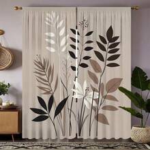 2 piezas de cortinas digitales de alta definición con estampado, estilo minimalista, fondo beige con hojas negras, marrones y patrón de flores blancas, cortinas de poliéster semi-opacas, duraderas y lavables a máquina, diseño de ojal para varilla (varillas no incluidas), adecuadas para oficina, sala de estar, dormitorio, comedor, cocina, baño, estudio. Cortinas semitransparentes fáciles de instalar, decoración del hogar de uso diario, adecuadas para todas las estaciones - Multicolor - Ver 14
